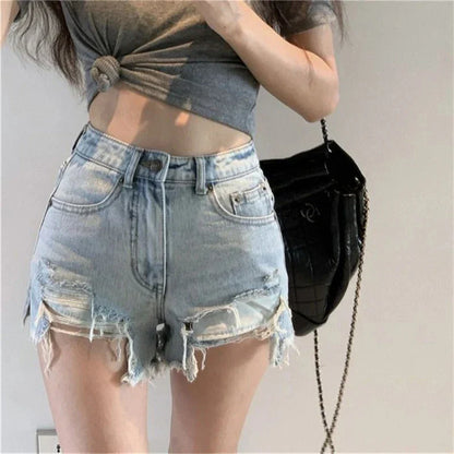 Territory Hole Denim Shorts Women Y2K Frayed Tassel Jean Shorts Summer Streetwear Korean High Waist Slit Slim Casual Hot Pants New