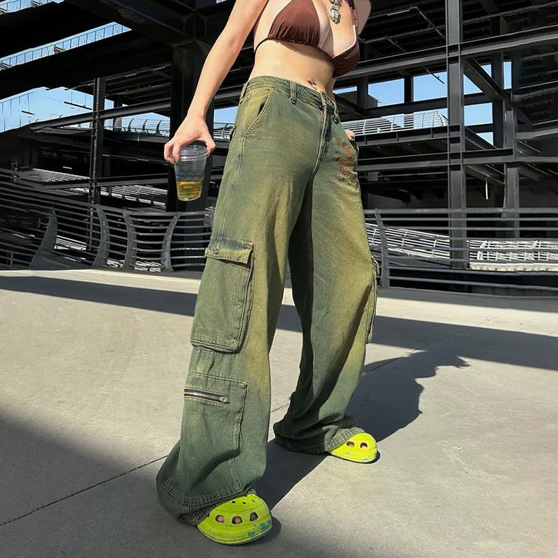 Territory Grunge Fairycore Cargo Pants Denim Y2K Aesthetic Chic Dragon Embroidery Women Jeans Baggy Distressed Chic Trousers