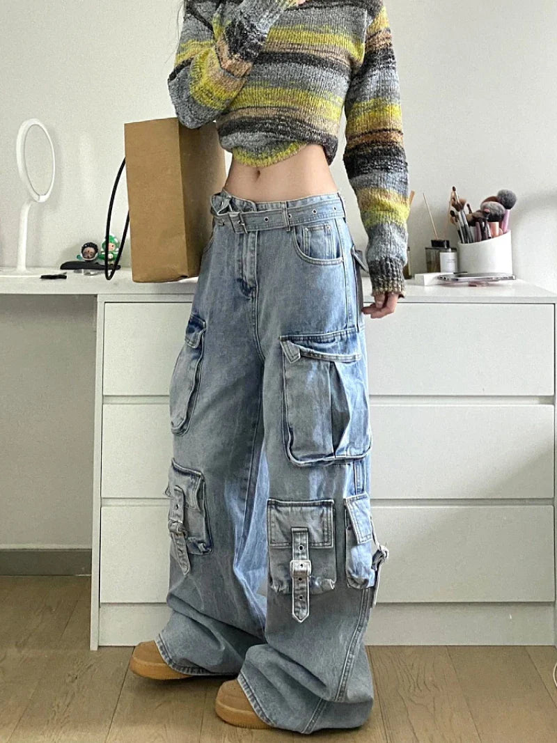 Territory Autumn Winter New Ladies Cargo Jeans American Street Style Baggy Cargo Pants Women Blue Multi-pocket Wide Leg Jeans for Women