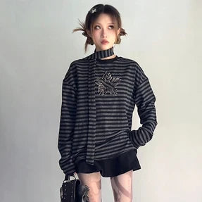 Territory Punk Streetwear Striped Loose Tops Y2k Aesthetic Star All Match Tee Shirt Harajuku Oversized Tshirts Women Fairy Grunge Tees