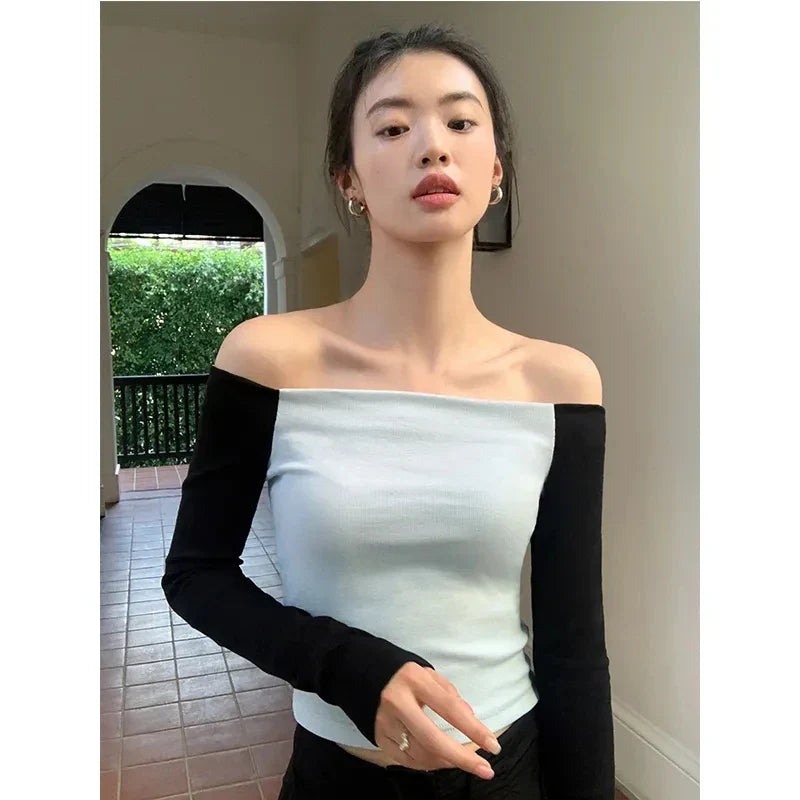 Territory Pure Cotton T Shirts Women Sexy Slash Neck Patchwork Crop Tops Korean Elegant Off Shoulder Backless Long Sleeve Slim Tees