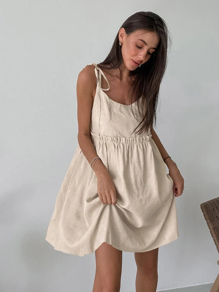 Territory Sexy Club Dress Summer Autumn Women Holiday Solid Khaki Spaghetti Flare Linen Mini Dress For Women