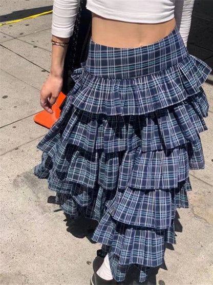 Territory Japanese Style Plaid Women Streetwear Ruffles Patchwork Pleated Cake Midi Skirt Summer Fashion Harajuku Vintage Skirt