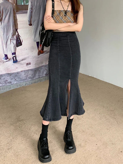 Territory Black Denim Long Skirt Women Vintage High Waist Split Bodycon Ruffles Pencil Mermaid Midi Skirt Summer Japanese Fashion