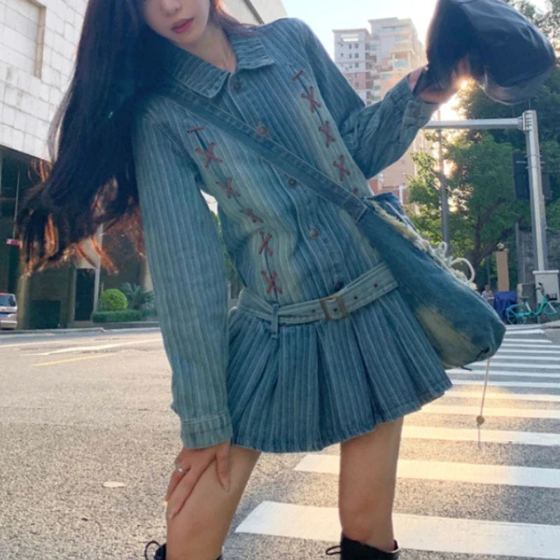 Territory Korean Retro Lace-up Pleated Casual Long-sleeved Dress Women 2024 Spring New Polo Collar Loose Distressed Denim Dress with Belt