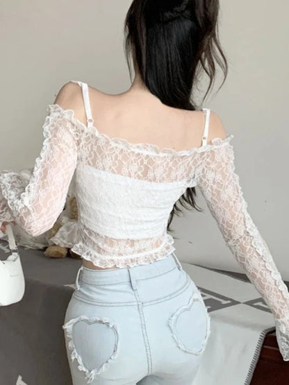 Territory Purple Backless Sexy Crop Tops Women Lace Korean Fashion Designer Slim Blouse Female Bow Button Elegant Sweet Tops New