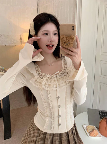 Territory Lace Splicing T-shirt Sweet Slim Women Clothing Autumn Winter French Fashion Chic Bottom Blouse Flare Sleeve Y2k Top