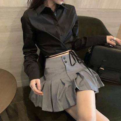 Territory Preppy Pleated Mini Skirts Korean High Waist A Line Skirts Student Summer College Sweet Button Slim Casual All Match Skirt