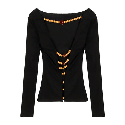 Territory Off Shoulder Blackless T Shirts Women Sexy Coquette Aesthetic Crop Tops Wooden Beaded Solid Long Sleeve Tees 2024 New