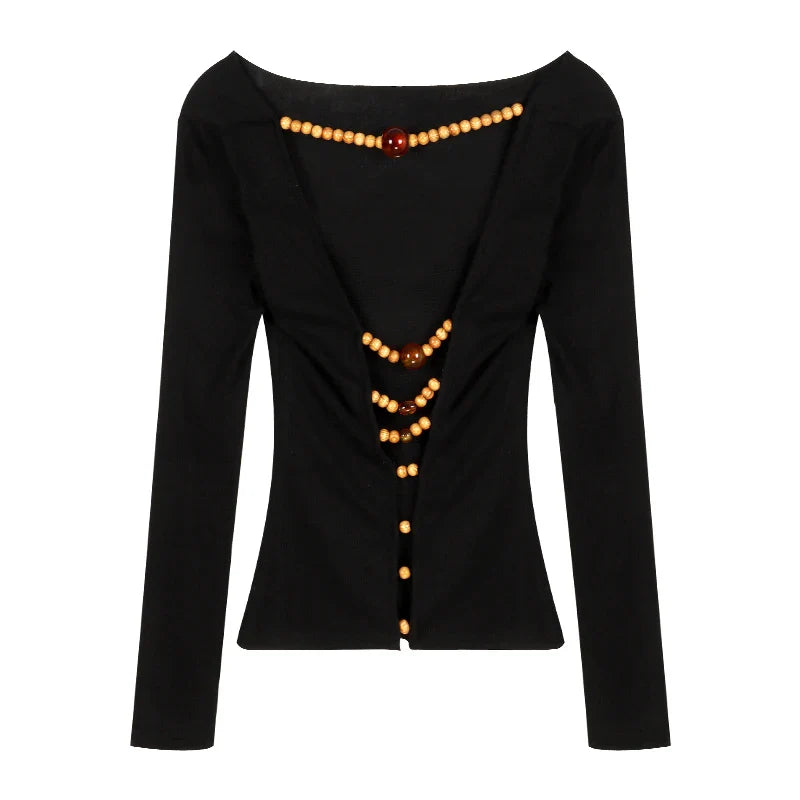 Territory Off Shoulder Blackless T Shirts Women Sexy Coquette Aesthetic Crop Tops Wooden Beaded Solid Long Sleeve Tees 2024 New