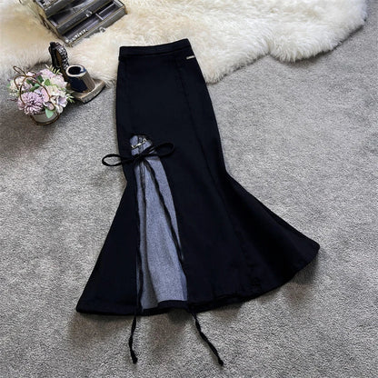 Territory Design Gyaru Denim Skirts Spring Summer Sexy High Waist Forked Lace Up Fishtail Skirt Female Slim Fashion Vintage Women Clothing