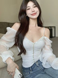 Territory Autumn Pink Sexy Elegant Blouse Women Ruffled Backless Korean Designer Tops Female Puff Sleeve Fashion Casual Blouse New