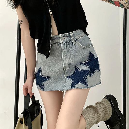 Territory New Embroidery Jean Short Skirt Summer Japanese Y2k With Belt Vintage Fashion Denim Irregular Stitching Star A-Line Skirts