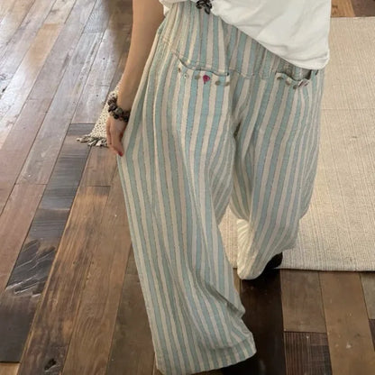 Territory Fashion Vintage Green Striped Straight Trousers 2024 Summer New Wide Leg Pants Y2k Grunge High Waist Loose  for Women