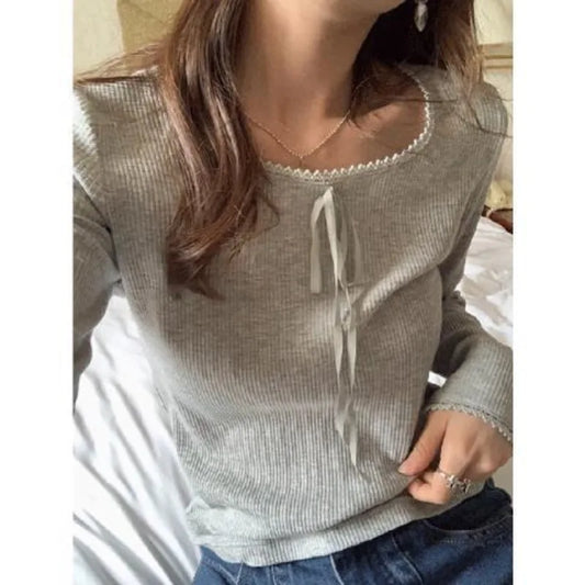 Territory  Vintage Y2K Women's Sweater Slim Knitwear Tshirts Grey Korean Fashion Spring Basic Kint Long Sleeve Pullovers Casual