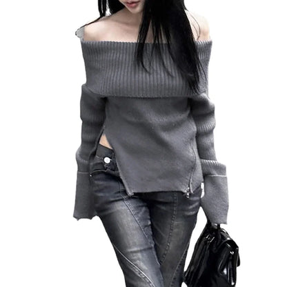 Territory Korean Fashion Off Shoulder Knitted Jumpers For Women Zipper Split Slim Long Sleeve Gray Solid Simple Street Sweaters