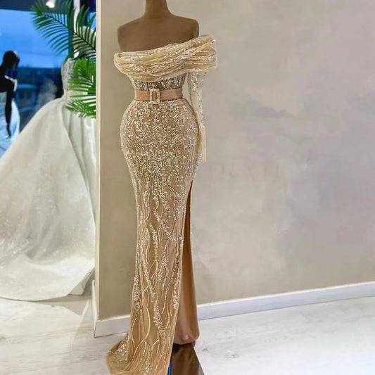 Territory Arabic Nude Mermaid One Shoulder Beaded Luxury Dubai Evening Dresses Gowns For Women Wedding