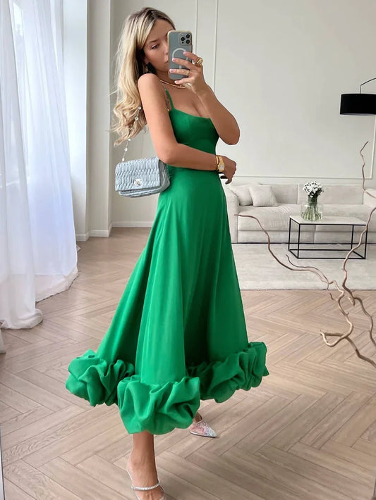 Territory 2024 Women Spaghetti Strap A-line Ruffles Pink Evening Dresses Elegant Sweet Sleeveless Backless Zip-up Green Party Prom Dress