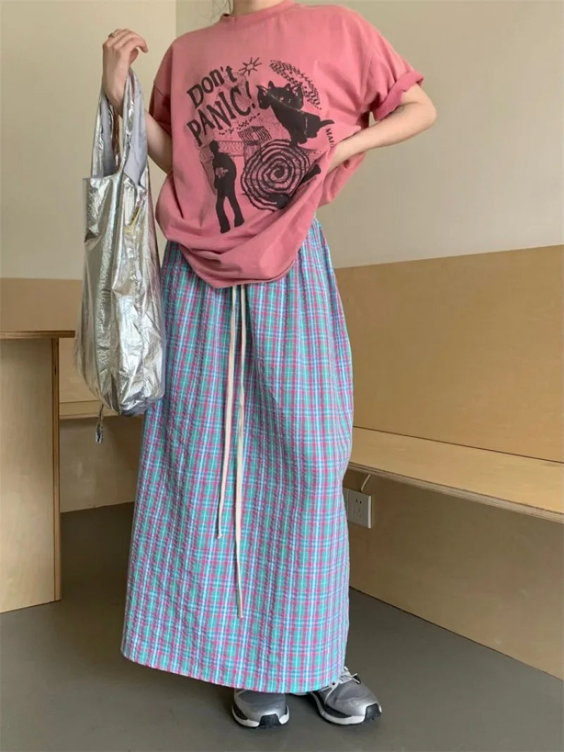 Territory Korean Fashion Plaid Skirt for Women Y2k Grunge Mid-length Loose Skirts 2024 Spring New High Waist A-line Faldas Mujer