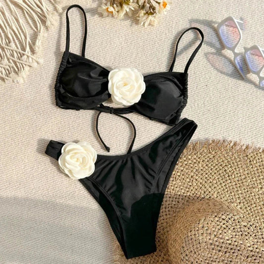 Territory Sexy Flower Bandeau Swimwear Thong Bikini 2024 Women Lace-up Swimsuits Swimming Bathing Suit Brazilian Bikinis Set Mujer Biquini