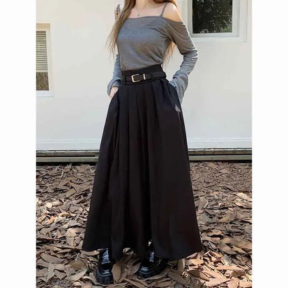 Territory Elegant Belt Ankle Length Skirts Women Autumn Korean High Waist Solid A Line Skirts Fashion Chic All Match Pleated Long Skirts