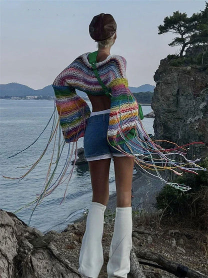 Territory Knitted Tassels Cover Ups For Swimwear Women Sexy Loose Rainbow Shirt Girls Sweater Holiday Fashion Crop Pullover Femme