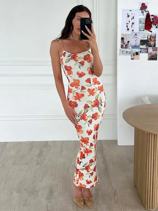 Territory Flower Print Long Dresses Summer Clothes Women 2024 Spaghetti Strap Backless Maxi Dress Sexy Vacation Outfits