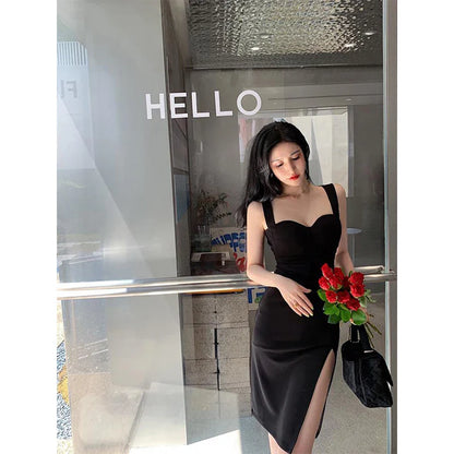 Territory Elegant Split Midi Dress Women Black Sexy Spaghetti Straps Slit Slim One Pieces Dresses Korean Party Prom Bodycon Vestidos