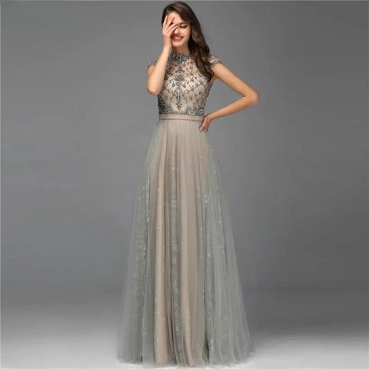 Territory Grey O Neck Short Sleeves Evening Prom Dresses Customized Best Price A Line Beaded Midi Party Gowns With