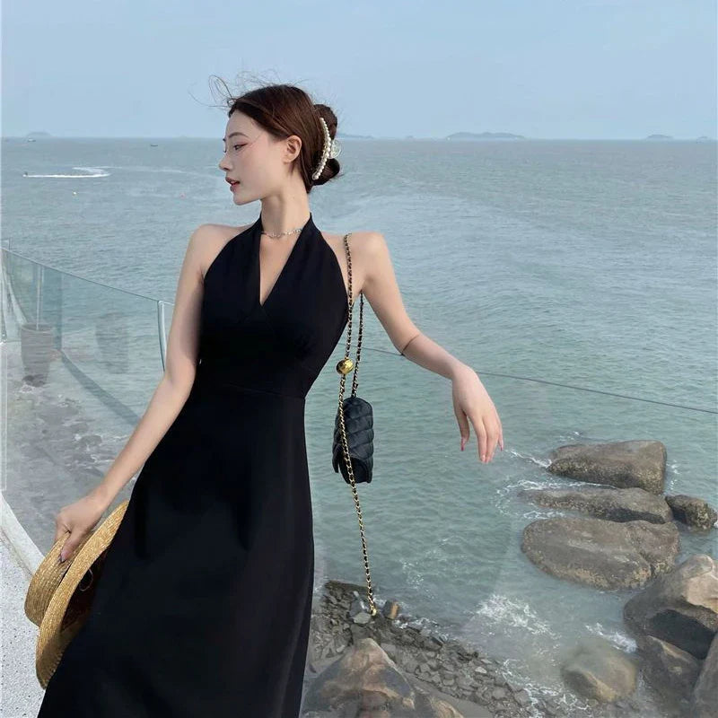 Territory Elegant Halter Women Midi Dress Sexy V Neck Backless Sleeveless Beach Party Vestidos Summer Korean High Waist Casual Black Dress