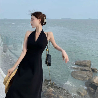 Territory Elegant Halter Women Midi Dress Sexy V Neck Backless Sleeveless Beach Party Vestidos Summer Korean High Waist Casual Black Dress