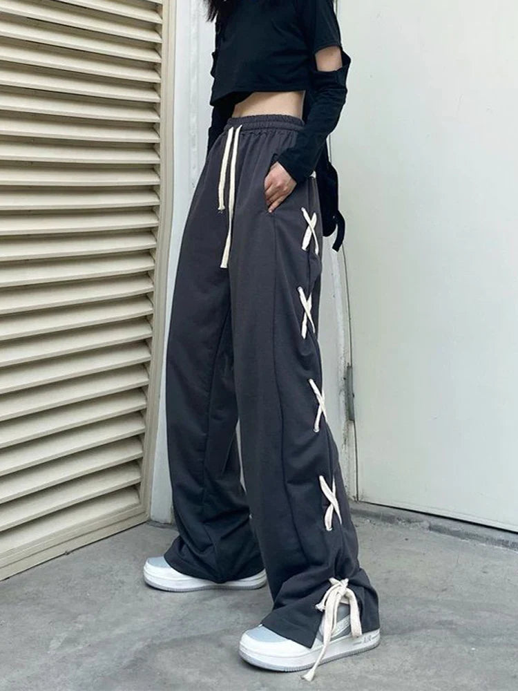 Territory Harajuku High Waist Women Bandage Wide Leg Pant Korean Loose Streetwear Trousers Fashion Hip Hop Student Casual Pants New