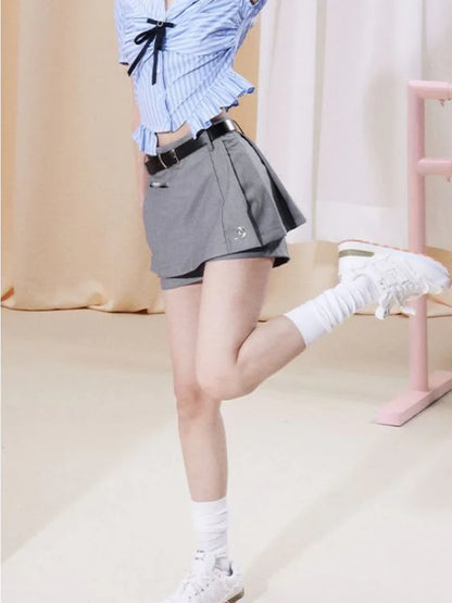 Territory Korean Fashion Mini Skirt Shorts Women Grey High Waist A-line Folds Preppy Style Short Skirt Summer School Uniform Girl