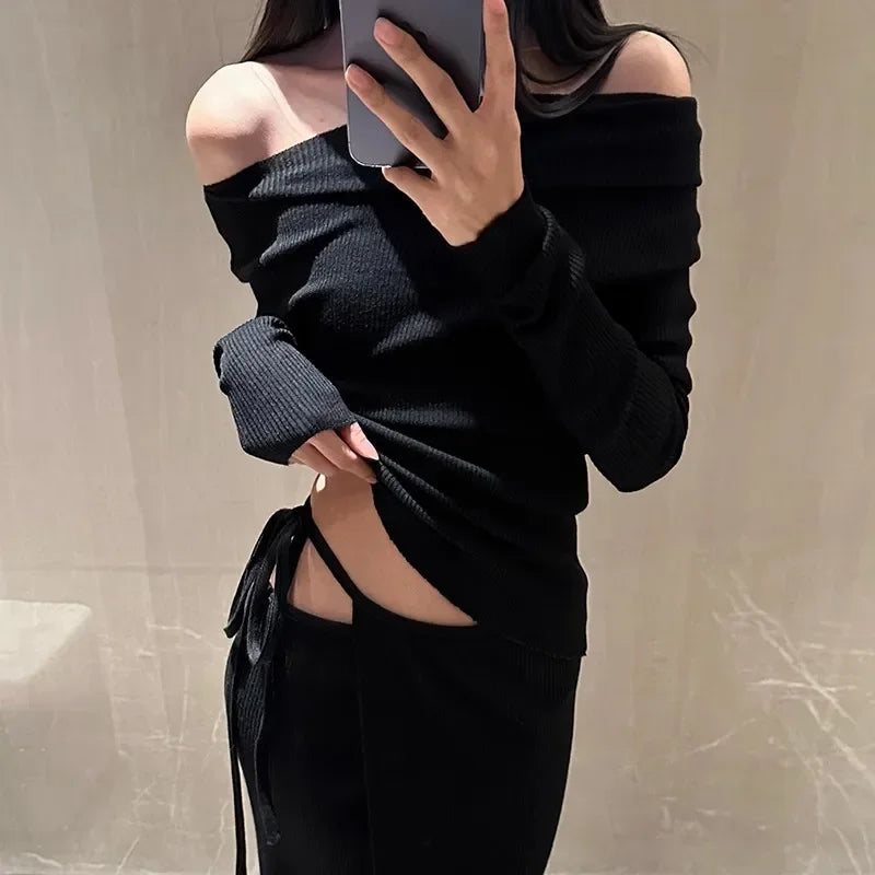 Territory 2024 Spring New Off-shoulder Pleated Sexy Slim Long-sleeved T-shirt Women + Asymmetric Lace-up Split Black Skirt Two-piece Suit