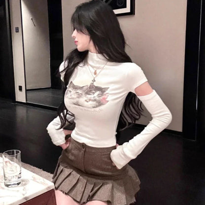 Territory Gyaru Cute White T-shirts Women Coquette Korean Style Hollow Out Long Sleeve Tees Sweet Harajuku Cat Slim Corset Tops