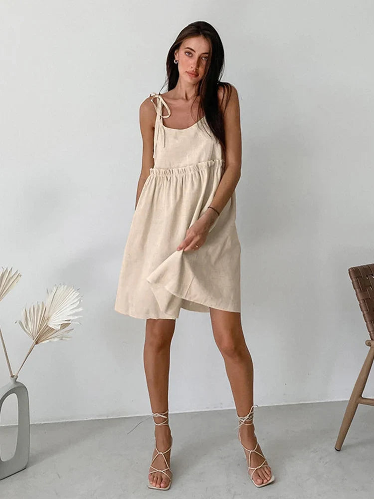 Territory Sexy Club Dress Summer Autumn Women Holiday Solid Khaki Spaghetti Flare Linen Mini Dress For Women