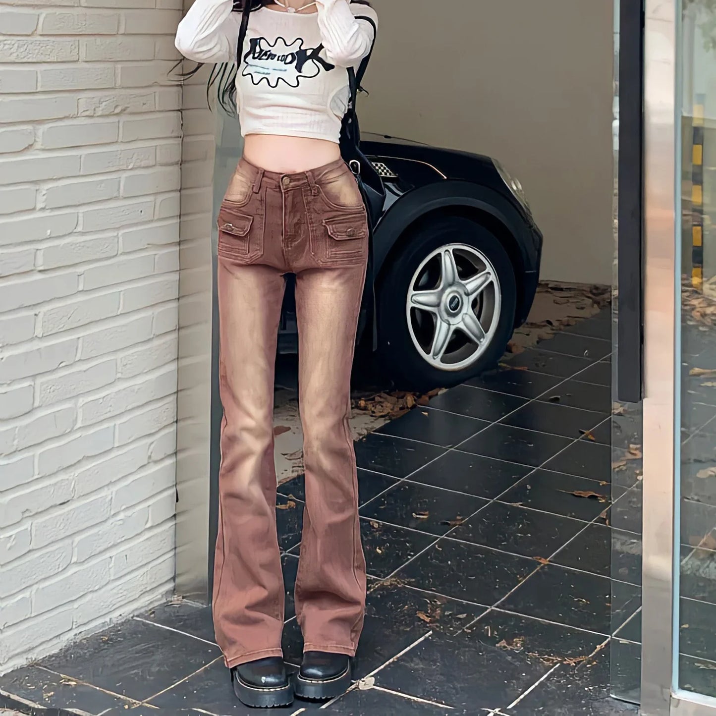 Territory Flared Jeans Women High Waist Straight Baggy Brown Pants Vintage 90s Streetwear Y2k Cargo Pants Fashion Wide Leg Denim Trousers