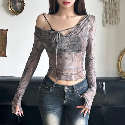 Territory Holiday Printed Bandage Mesh T Shirt Sexy Slim Crew Neck Long Sleeve Tees Women 2024 Autumn Spring Fashion Streetwear