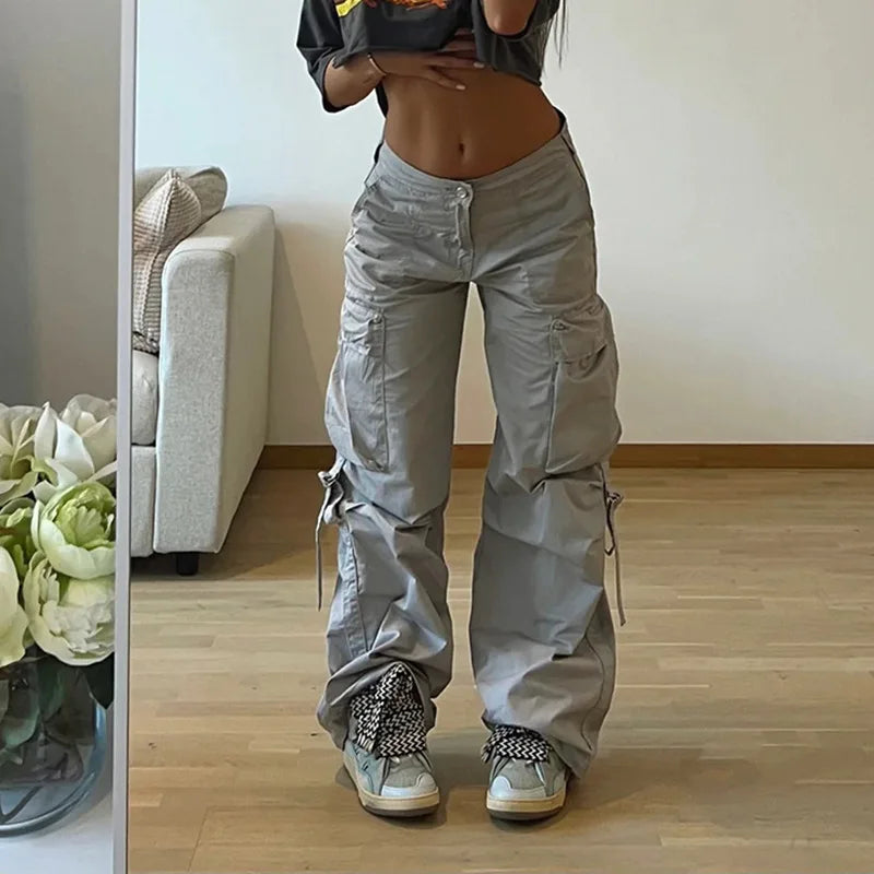 Territory Harajuku Solid Drawstring Cargo Pants Female Streetwear Tech Pockets Draped Baggy Trousers Hip Hop Sweatpants Outfits