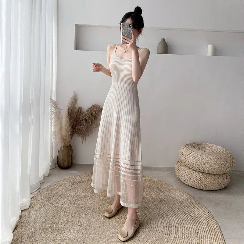 Territory Elegant Striped Midi Dress Women Mesh Patchwork Spaghetti Strap One Pieces Dresses Korean Slim A Line Vestidos Spring Summer New