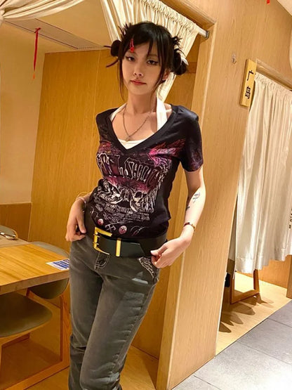 Territory Gothic Punk T-shirt Women Y2k Aesthetics V Neck Slim Tops Summer Harajuku Fairy Grunge Streetwear Vintage Tshirt Camisetas Tees