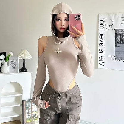 Territory khaki High Elastic Tight Sexy Hot Mature Beautiful Confident Youth Girl All-match Women's Autumn Hooded Jumpsuit