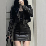 Territory Fashion Vintage Long Sleeve Zipper Leather Coat Women+ Y2k Sexy Slim Fit Bodycon Camisole Dress Summer New Two Piece Sets