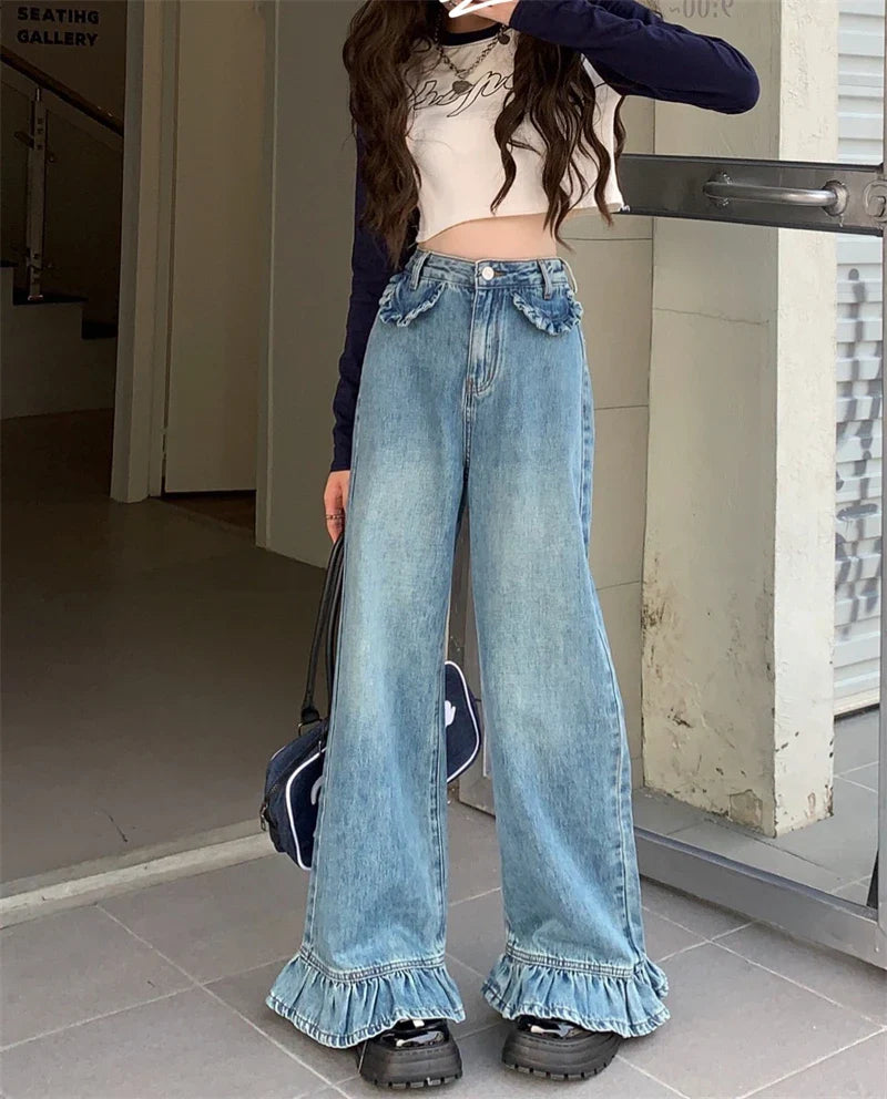 Territory Gothic High Waist Denim Pants Women Chic Ruffles Ruffle Hem Jeans Wide Leg   Female  Kawaii Y2K Straight Trousers