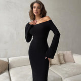 Territory Off Shoulder Flare Sleeve Long Dresses Women Black White Knitted Elegant Evening Dress Fall Y2K Clothes 2024