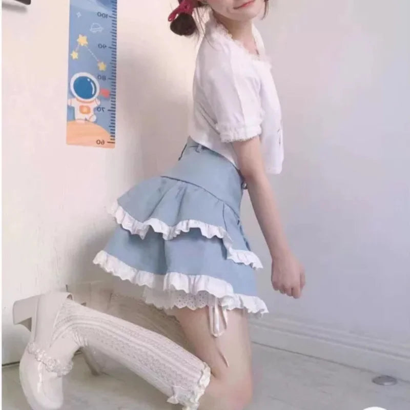 Territory Japanese Sweet Y2k Skirts Ruffles Lace Patchwork Bandage Design Denim Mini Skirt Summer Korean All Match Kawaii Girl Clothing