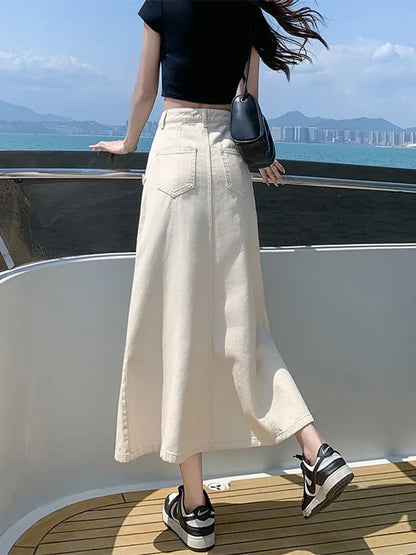 Territory Denim Skirts Womens Summer Casual High Waisted Pocket Midi Skirt Ladies Korean Fashion Mermaid Skirt Female