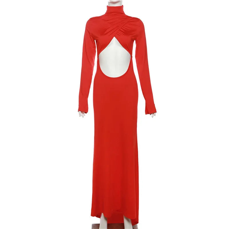 Territory Sexy Cut Out Backless Red Party Dress Women Elegant Luxury Turtleneck Long Sleeve Maxi Dresses Evening Gown