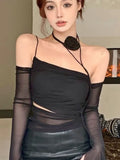 Territory Black Backless Sexy Fashion Tops Women Strappy Vintage Designer Slim Sling Female Hang Neck Elegant Casual Tops Autumn New