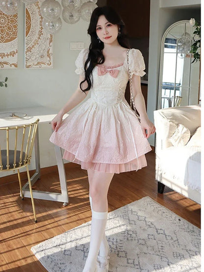 Territory Bubble Sleeve Kawaii Lolita Mini Dress Women Pink Bow Princess Sweet Party Cute Dress A-Line Elegant Fairy Dress 2024 Spring New